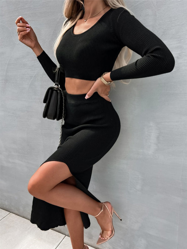 New style solid color threaded long-sleeved fashion slit dress two-piece set