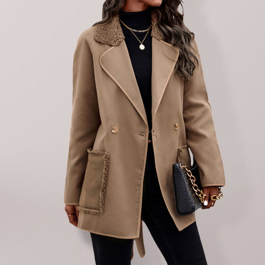 Wool Blend Coat With Faux Fur - Solid Colour - Double Breasted Skater