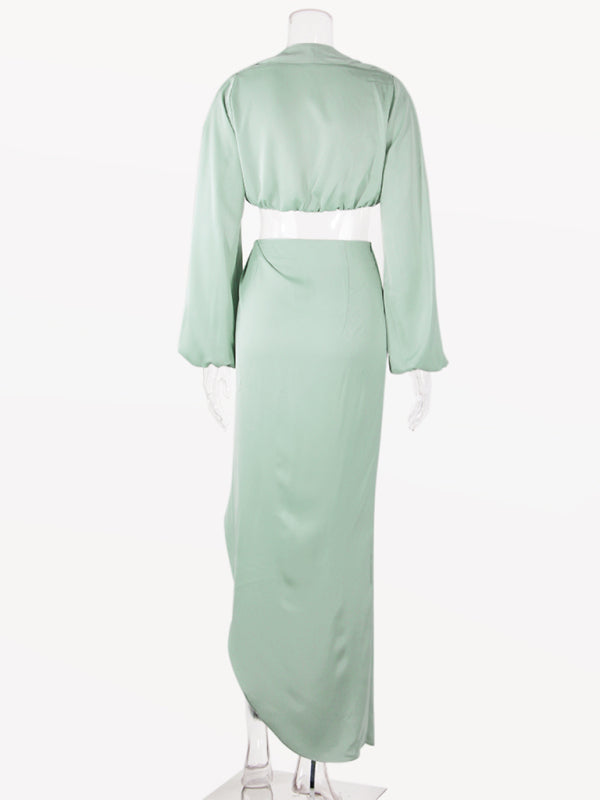V crop top slit skirt suit satin nightclub two-piece suit