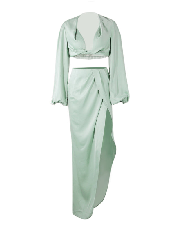 V crop top slit skirt suit satin nightclub two-piece suit