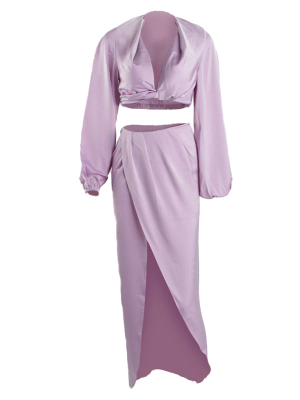 V crop top slit skirt suit satin nightclub two-piece suit