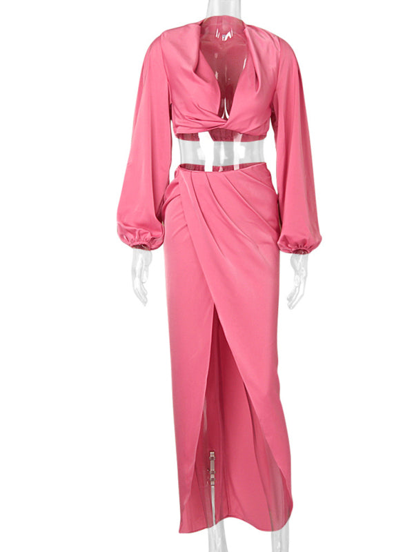 V crop top slit skirt suit satin nightclub two-piece suit