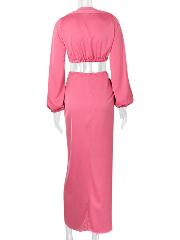 V crop top slit skirt suit satin nightclub two-piece suit