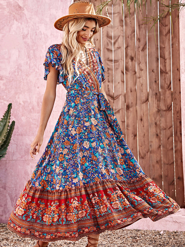 Women's bohemian print short sleeve maxi dress