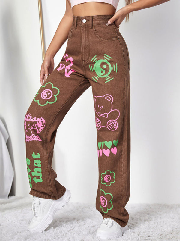 Women's Street Fashion Cool Graffiti Straight Jeans
