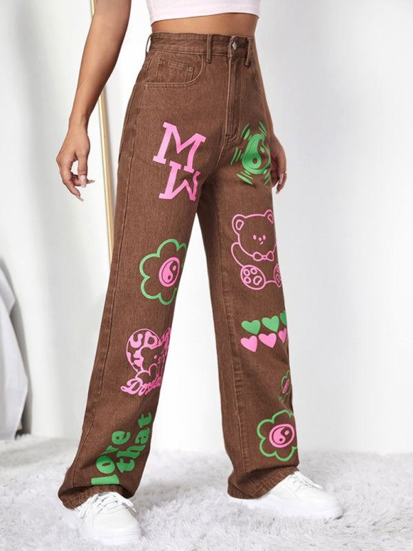 Women's Street Fashion Cool Graffiti Straight Jeans