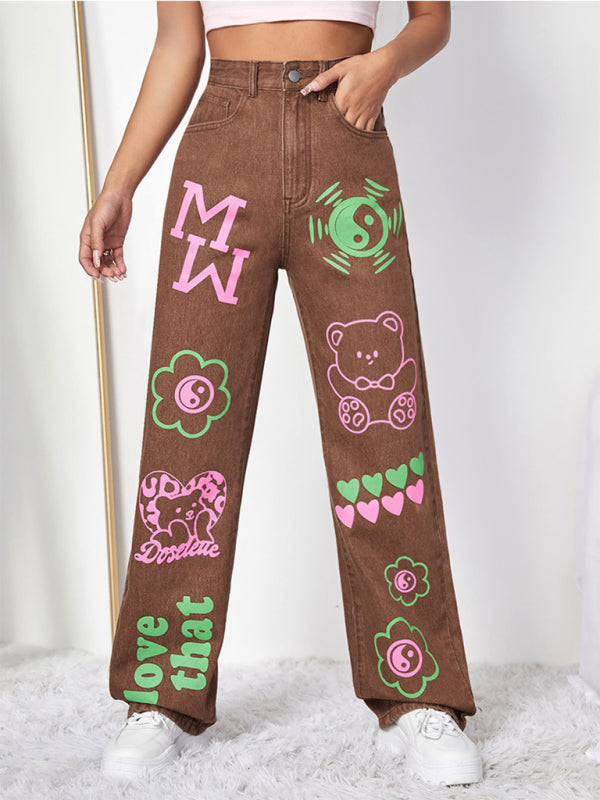 Women's Street Fashion Cool Graffiti Straight Jeans