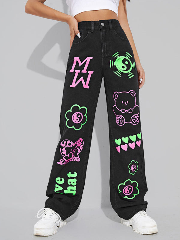 Women's Street Fashion Cool Graffiti Straight Jeans