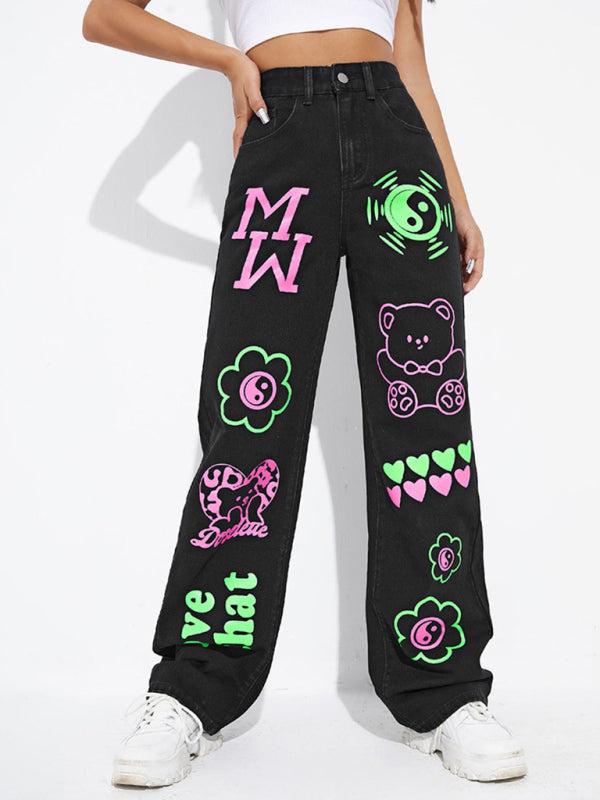Women's Street Fashion Cool Graffiti Straight Jeans