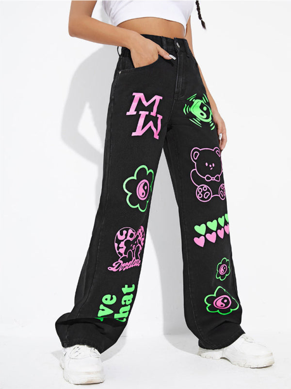 Women's Street Fashion Cool Graffiti Straight Jeans