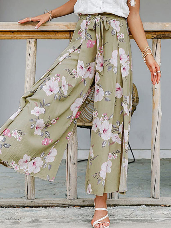 Spring and summer new loose high waist printed bowknot pleated wide-leg pants for women