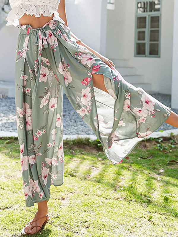 Spring and summer new loose high waist printed bowknot pleated wide-leg pants for women