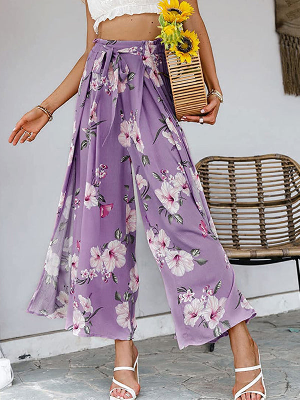 Spring and summer new loose high waist printed bowknot pleated wide-leg pants for women