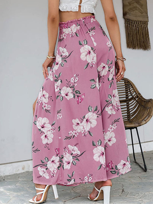Spring and summer new loose high waist printed bowknot pleated wide-leg pants for women