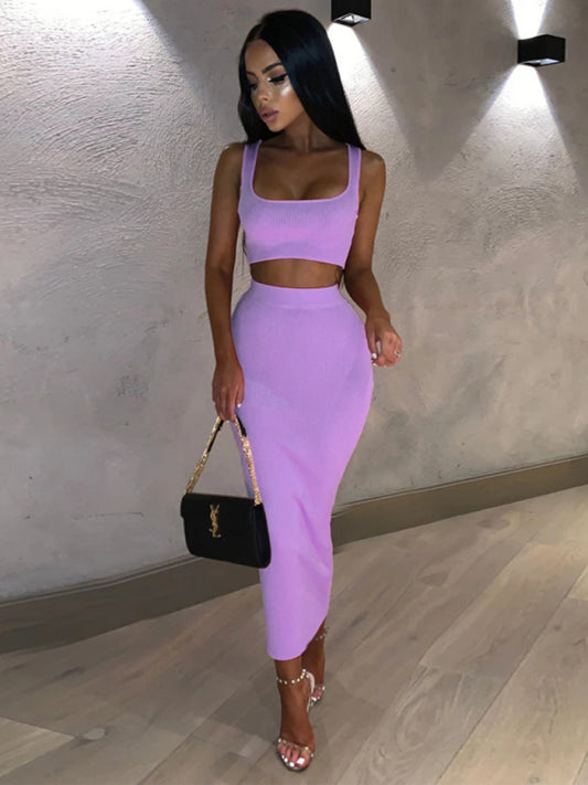Solid Colour Crop Camisole With A Matching Slim Skirt Set
