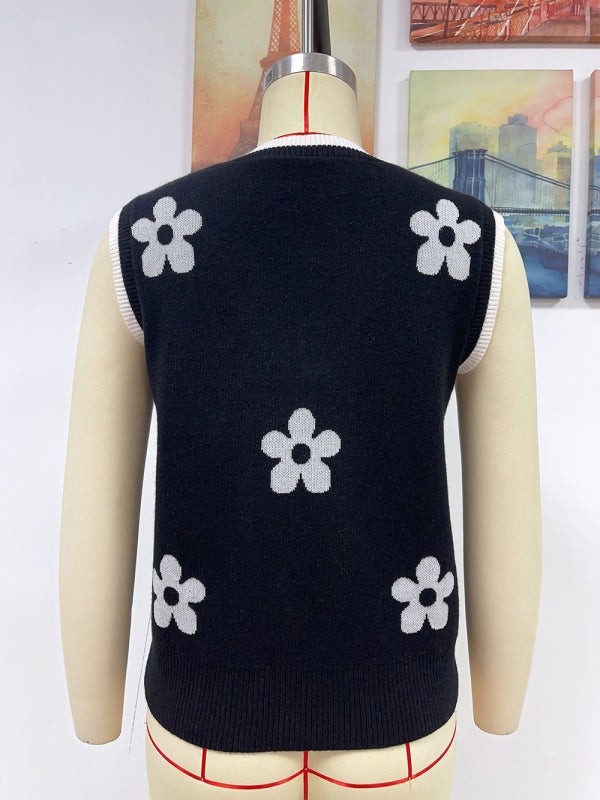 Women's Contrasting Color Jacquard V-Neck Sleeveless Knit Tank Top