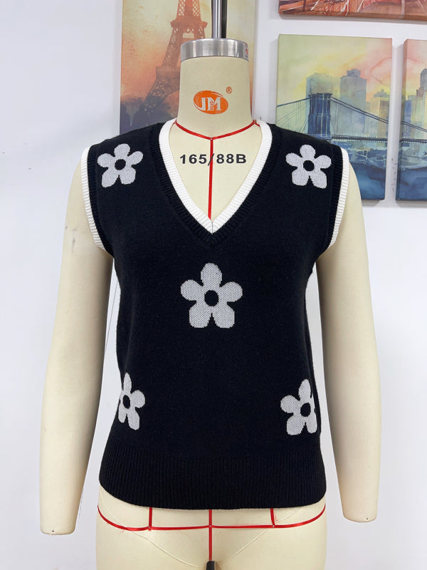 Women's Contrasting Color Jacquard V-Neck Sleeveless Knit Tank Top