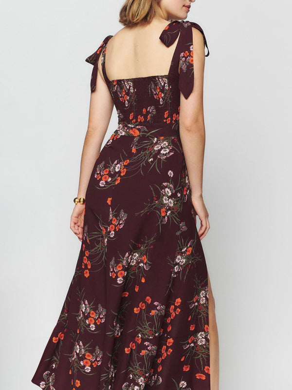 Slit Floral Dress - Suspender Strap Tube Top