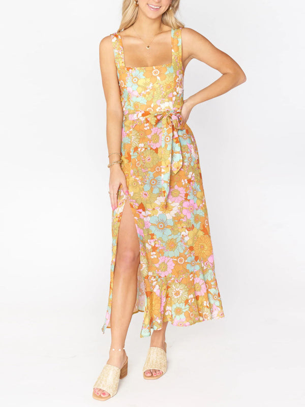 Slit Floral Dress - Suspender Strap Tube Top