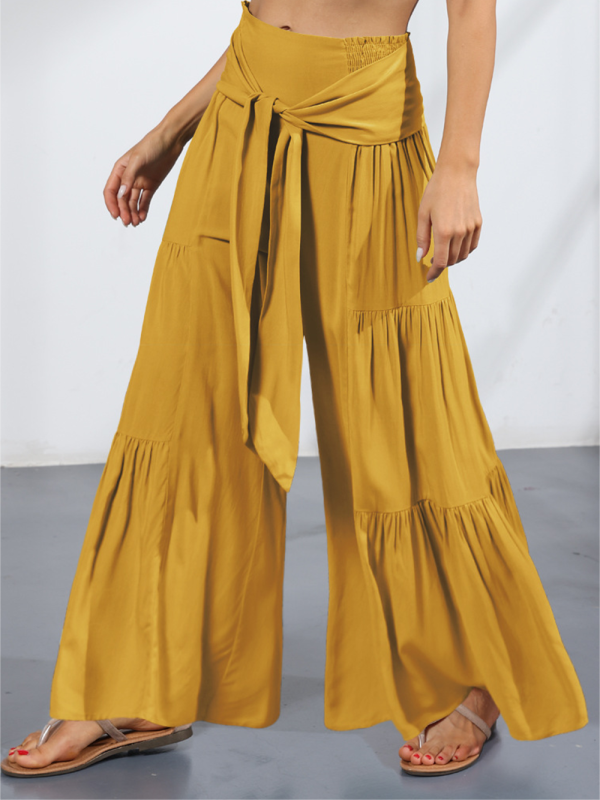 Women's woven strap elastic waist this kind of wide-leg A-type casual trousers