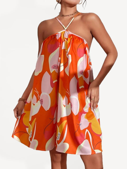 Tropical Print Holiday Dress - Woven Halter Neck