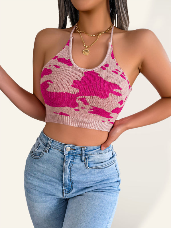 Pattern Halter Neckline Adjustable Tie Closures Crop Top