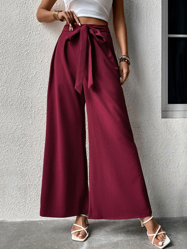 Wide Leg Pants - Solid Color Drawstring