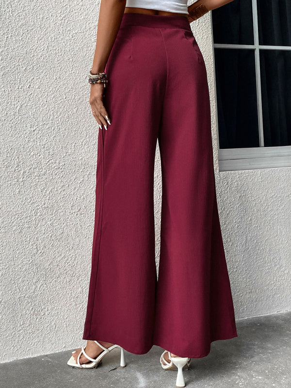 Wide Leg Pants - Solid Color Drawstring