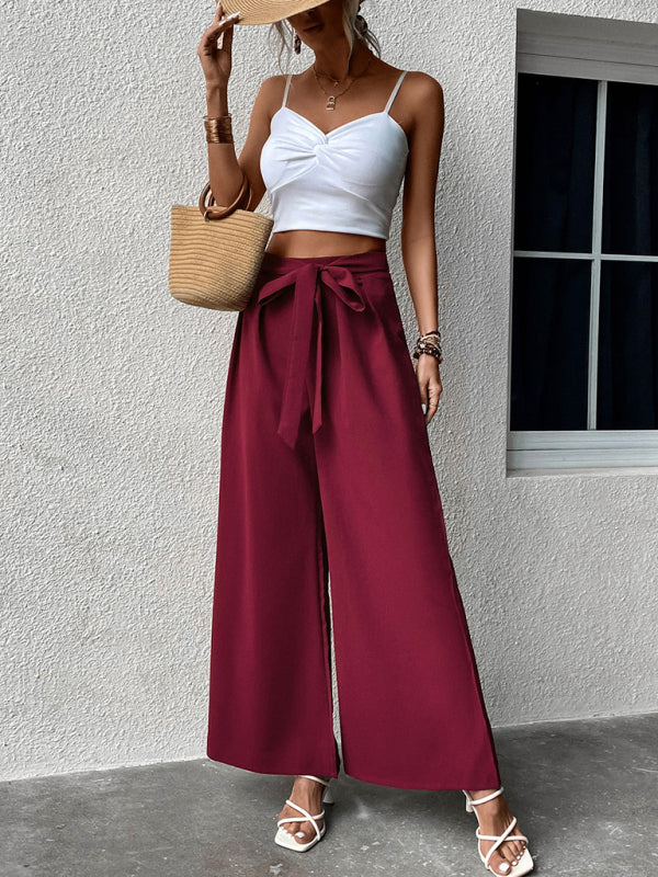 Wide Leg Pants - Solid Color Drawstring