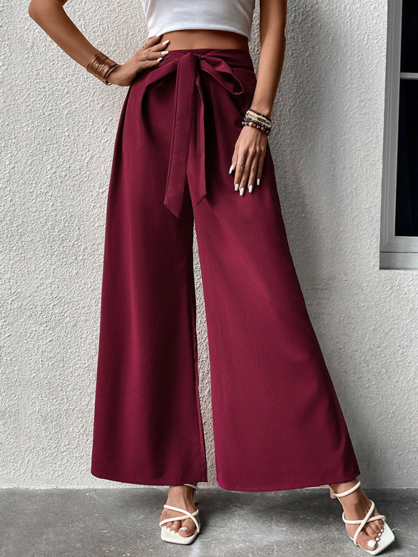 Wide Leg Pants - Solid Color Drawstring