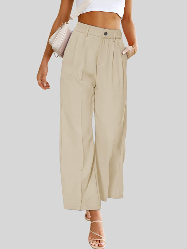 Wide Leg Pants - High Waist Button Down Trousers With Pockets