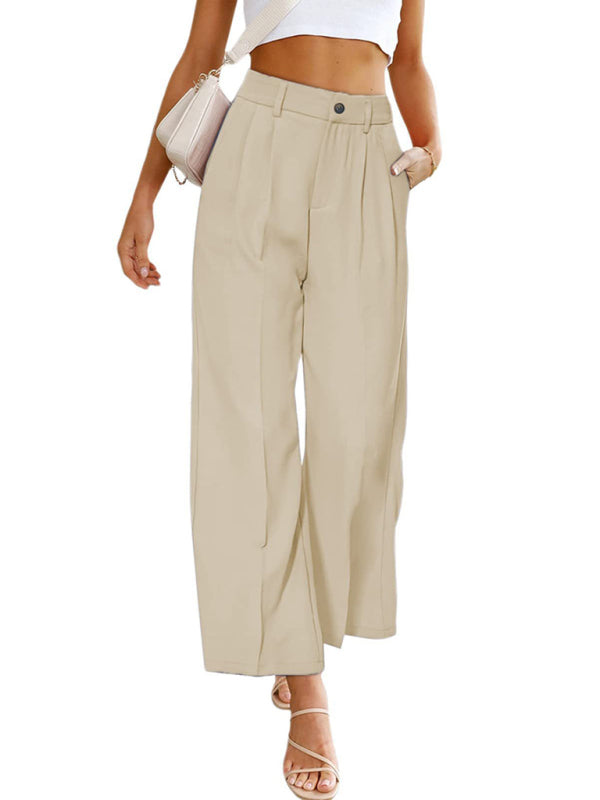 Wide Leg Pants - High Waist Button Down Trousers With Pockets
