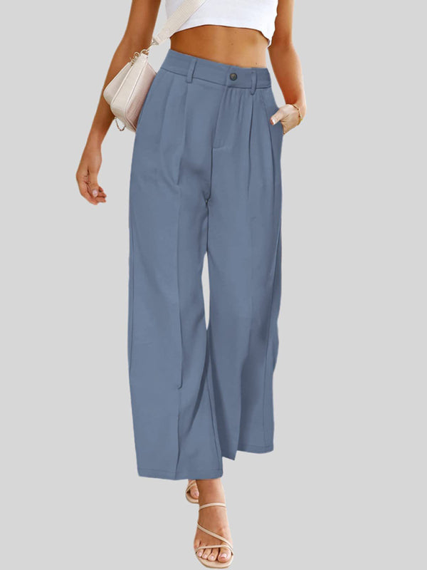 Wide Leg Pants - High Waist Button Down Trousers With Pockets