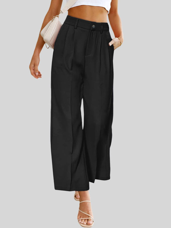 Wide Leg Pants - High Waist Button Down Trousers With Pockets