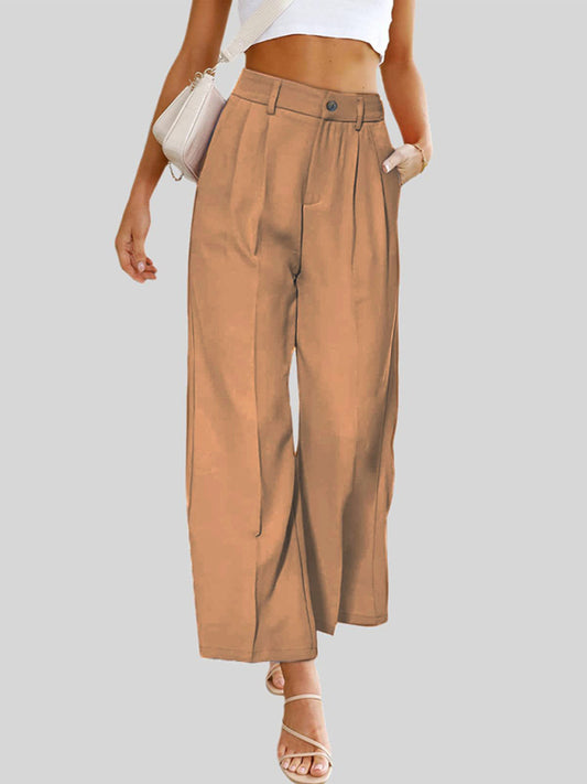 Wide Leg Pants - High Waist Button Down Trousers With Pockets