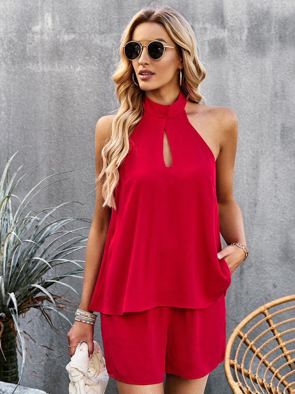 Shorts Sets - Cutout Mock Neck Halter Top