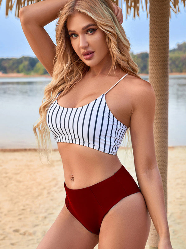 Bikini - High Waist Split Skinny Striped