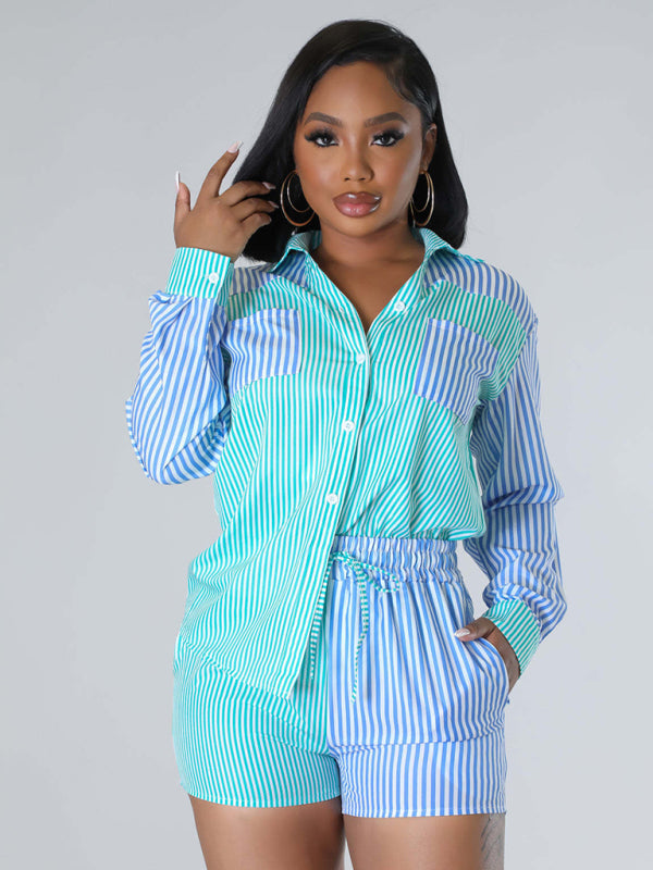 Shorts Sets - Striped Color Contrast Shirt and Shorts