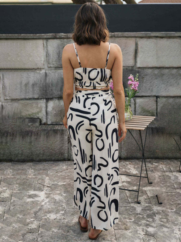 Two Piece Set - Pprinted Sleeveless Suspender Top and Long Wide Leg Pants