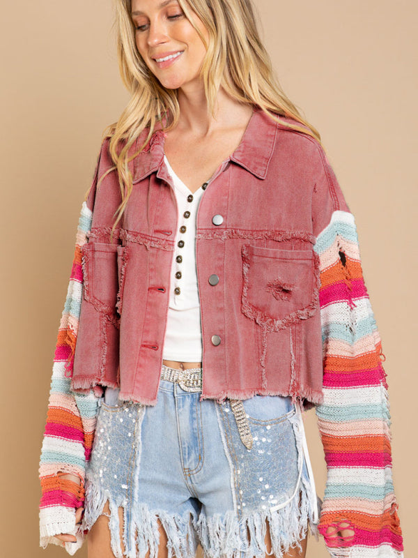 Casual Fashion Denim Rainbow Long-sleeved Splicing Jacket