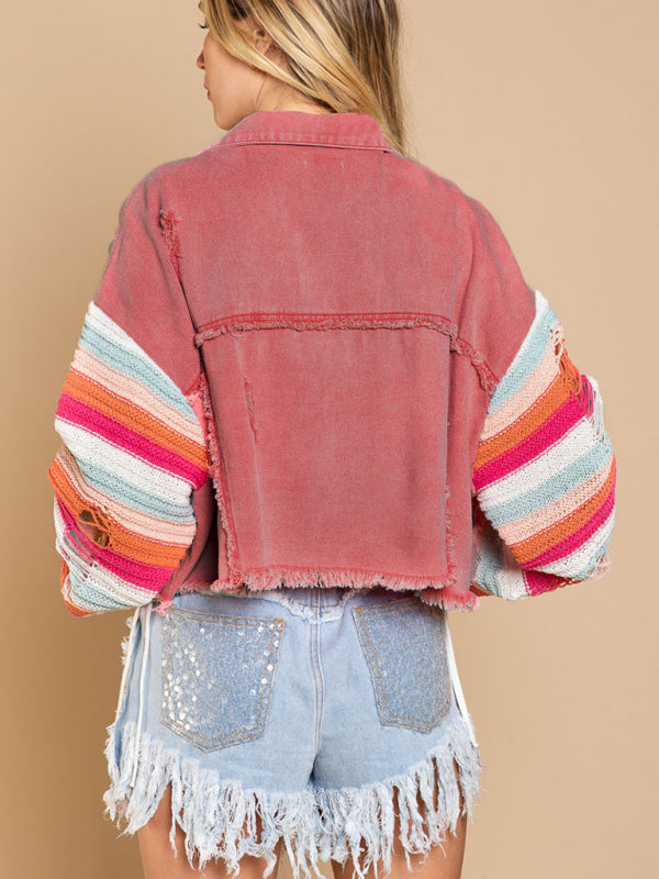 Casual Fashion Denim Rainbow Long-sleeved Splicing Jacket