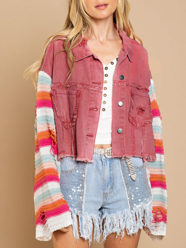 Casual Fashion Denim Rainbow Long-sleeved Splicing Jacket