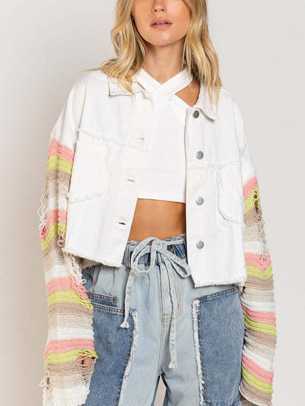 Casual Fashion Denim Rainbow Long-sleeved Splicing Jacket