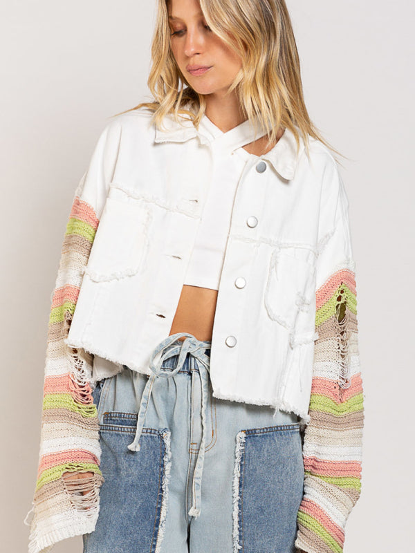 Casual Fashion Denim Rainbow Long-sleeved Splicing Jacket