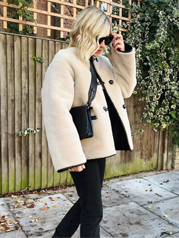 Lamb Wool Warm Coat - Single-breasted A-line Cotton