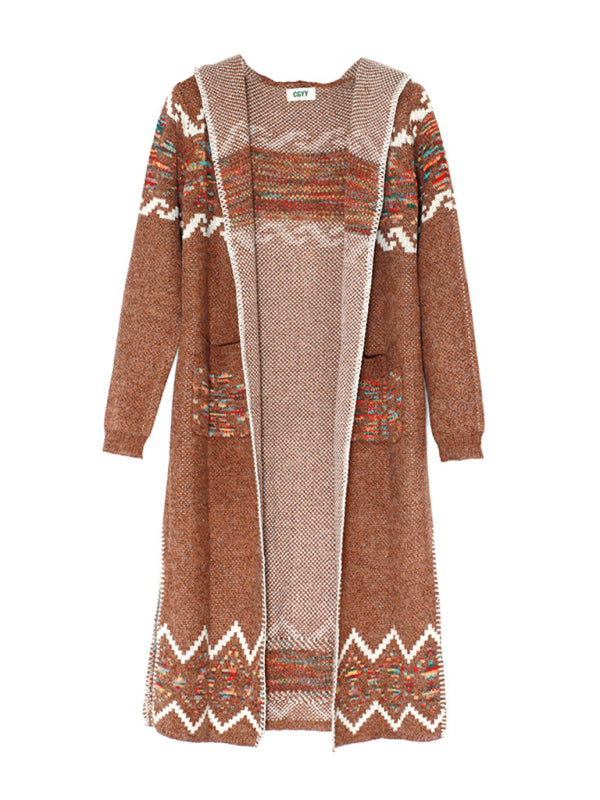 Cardigans - Knitted Flower Hooded Sweater Long Coat