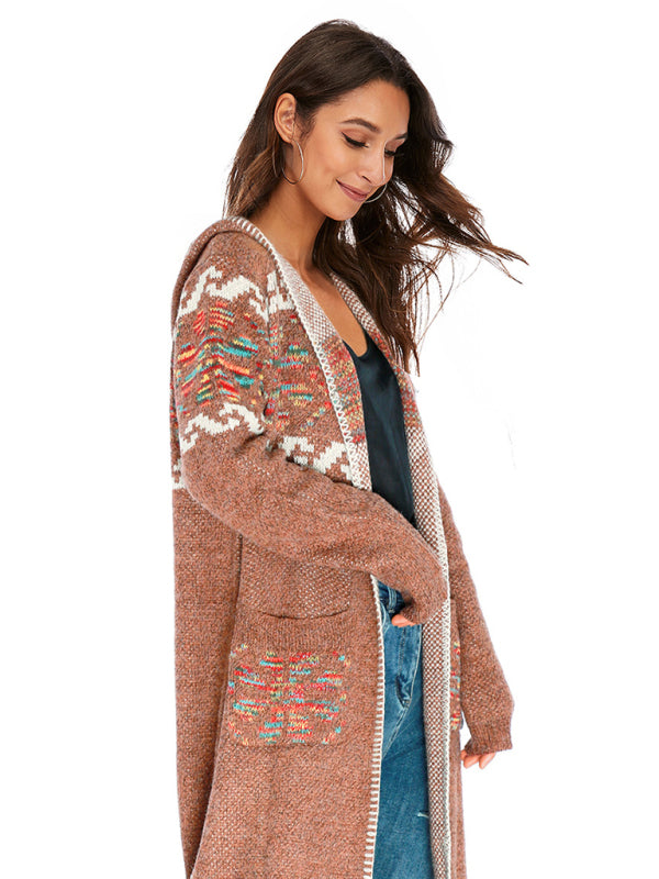 Cardigans - Knitted Flower Hooded Sweater Long Coat