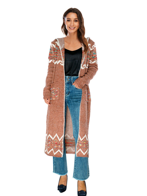 Cardigans - Knitted Flower Hooded Sweater Long Coat