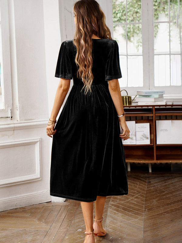 Everyday Dress - Elegant V-neck Short Sleeved Velvet