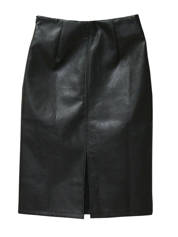 Chic Slim Fit Spliced PU Leather Skirt with Hip Coverage and Stylish Slit